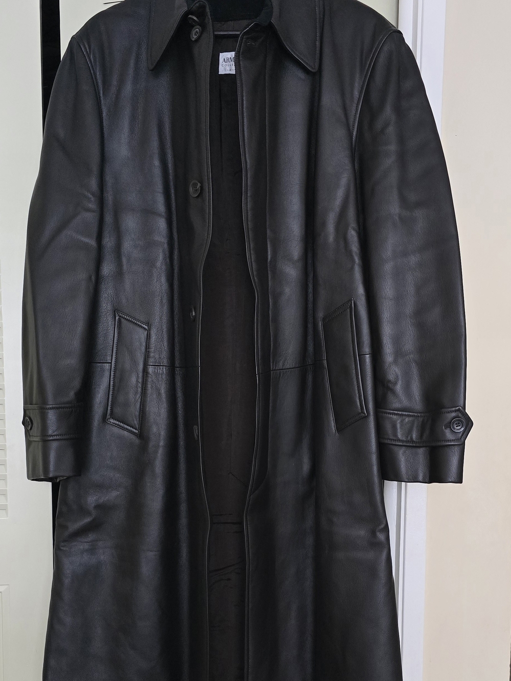 Armani Collezioni Lambskin Leather Trench Coat Black XL Oversized